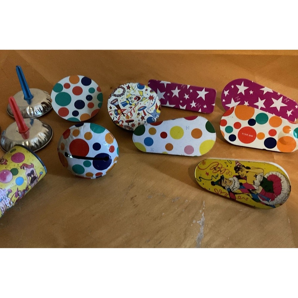 Lot of 12 Vintage Multicolor Metal Tin Noise Makers For Parties Or New Years
